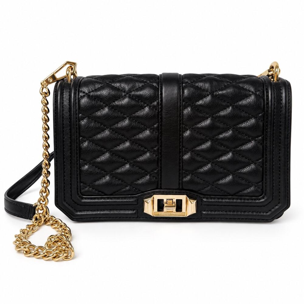 Rebecca Minkoff Love Quilted Crossbody Bag Black Leather Gold Chain Womens Purse